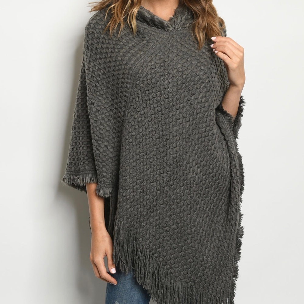 Poncho with faux fur hood